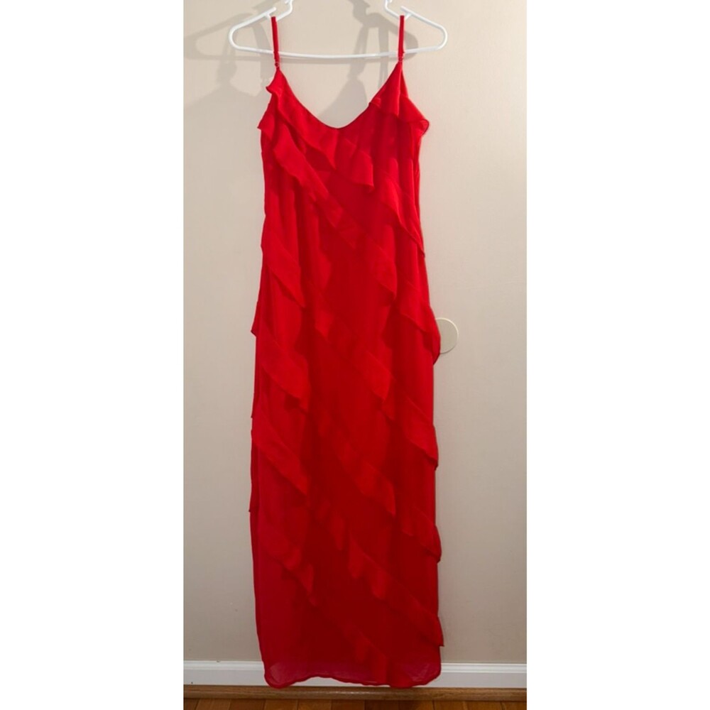 Commense Red Ruffle Midi Dress Size L NWT Sleeveless Strappy Layered Elegant
